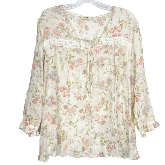 NWOT COMO BLU Top XL Floral Pink Ivory Crochet Bow Toe Balloon Pleated Rayon - Picture 1 of 8